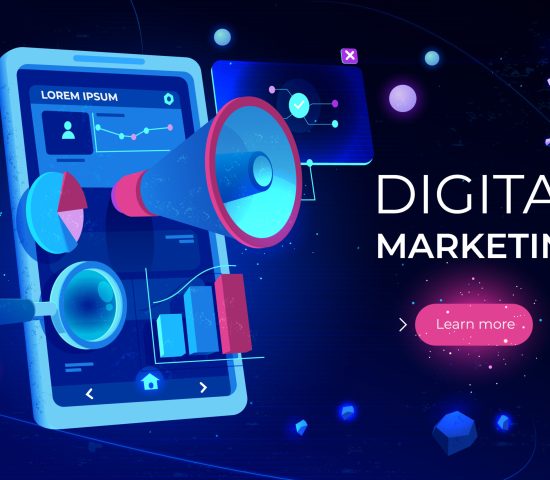 Digital marketing landing page, smartphone screen with megaphone or loudspeaker, data analysis charts and magnifying glass on futuristic neon glowing background. Cartoon vector illustration, banner