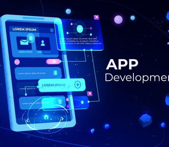 App development banner, adaptive layout application web interface on smartphone touch screen, user software API prototyping, testing, neon glowing background. Cartoon vector illustration, landing page